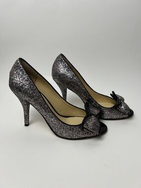 Enzo Angiolini Glitter Peep Toe Pumps Bow Heels Silver Black Party Shoe 7.5
